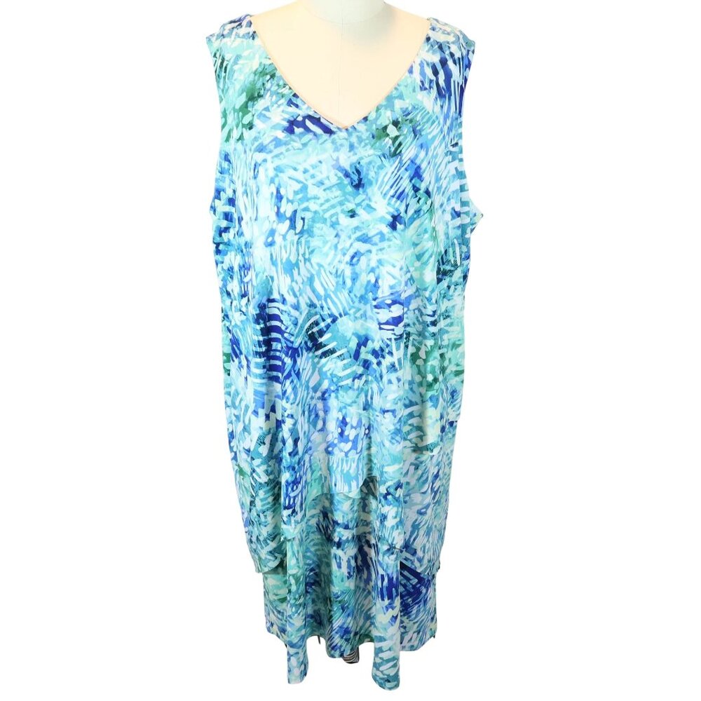SUSAN GRAVER Layered LIquid Knit V Neck Tank Dress 1XP Blue Teal Resort Tropical
